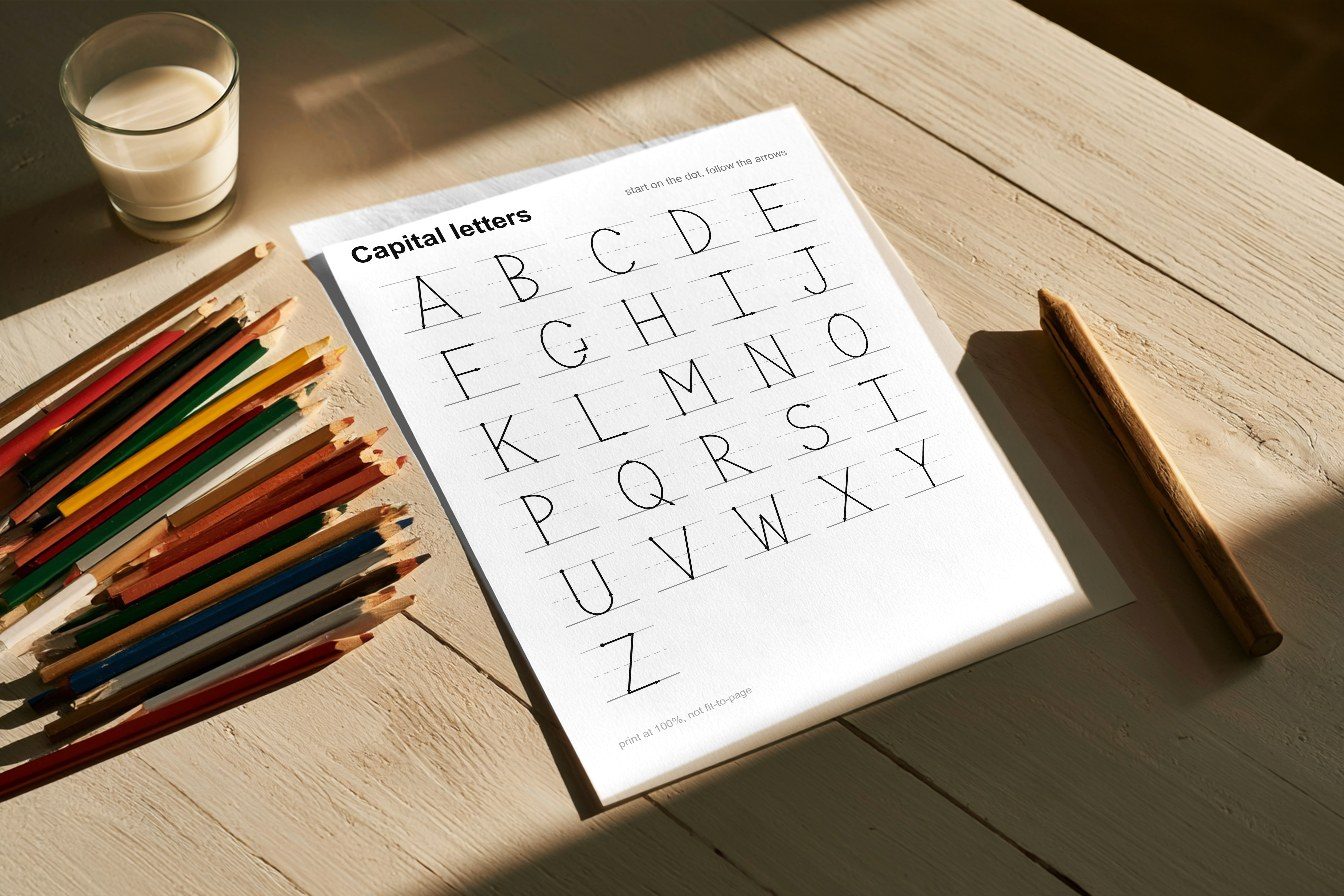 Our letter-formation workbook, printed at home. The page is the real file you download.