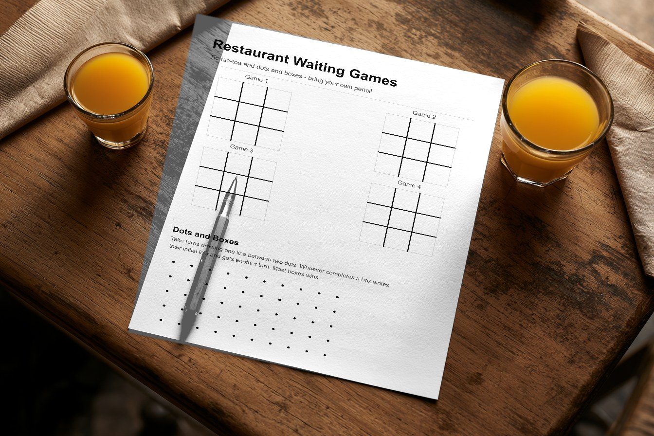 Our waiting-games sheet, on a table