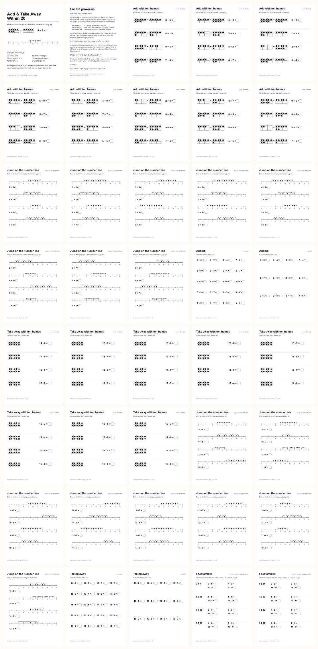 Addition & Subtraction Within 20 &mdash; thumbnails of every page
