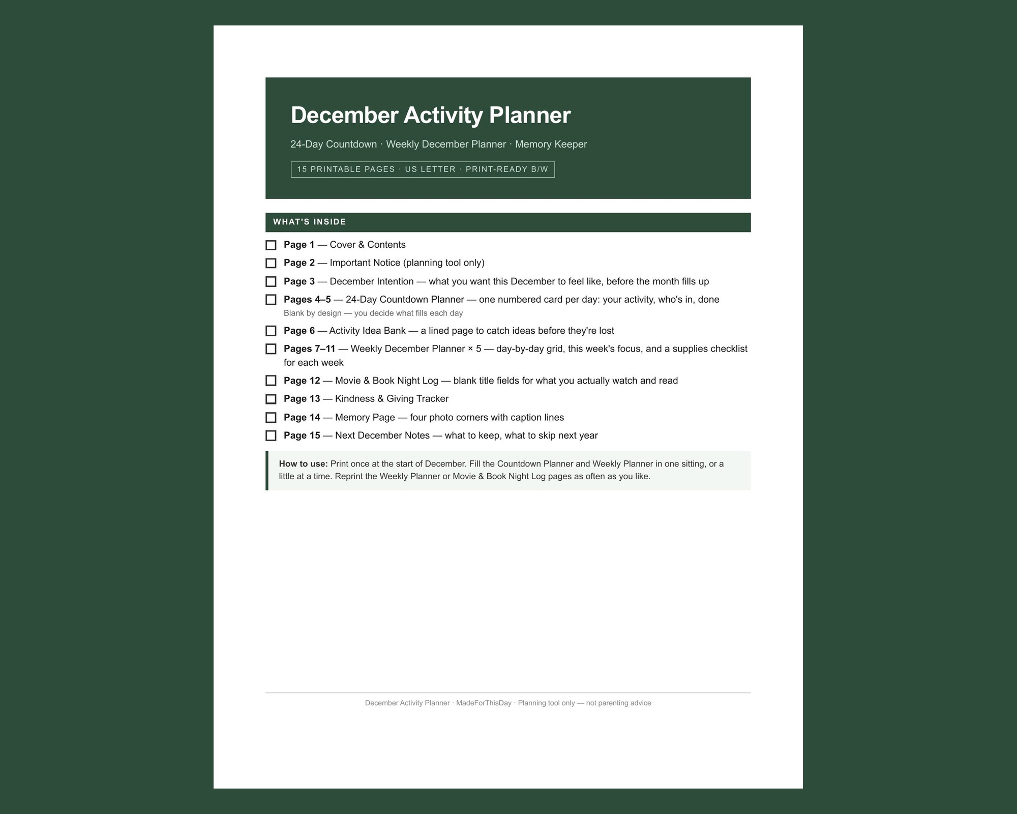 December Advent Planner + 24 Daily Kids Activity Pages preview