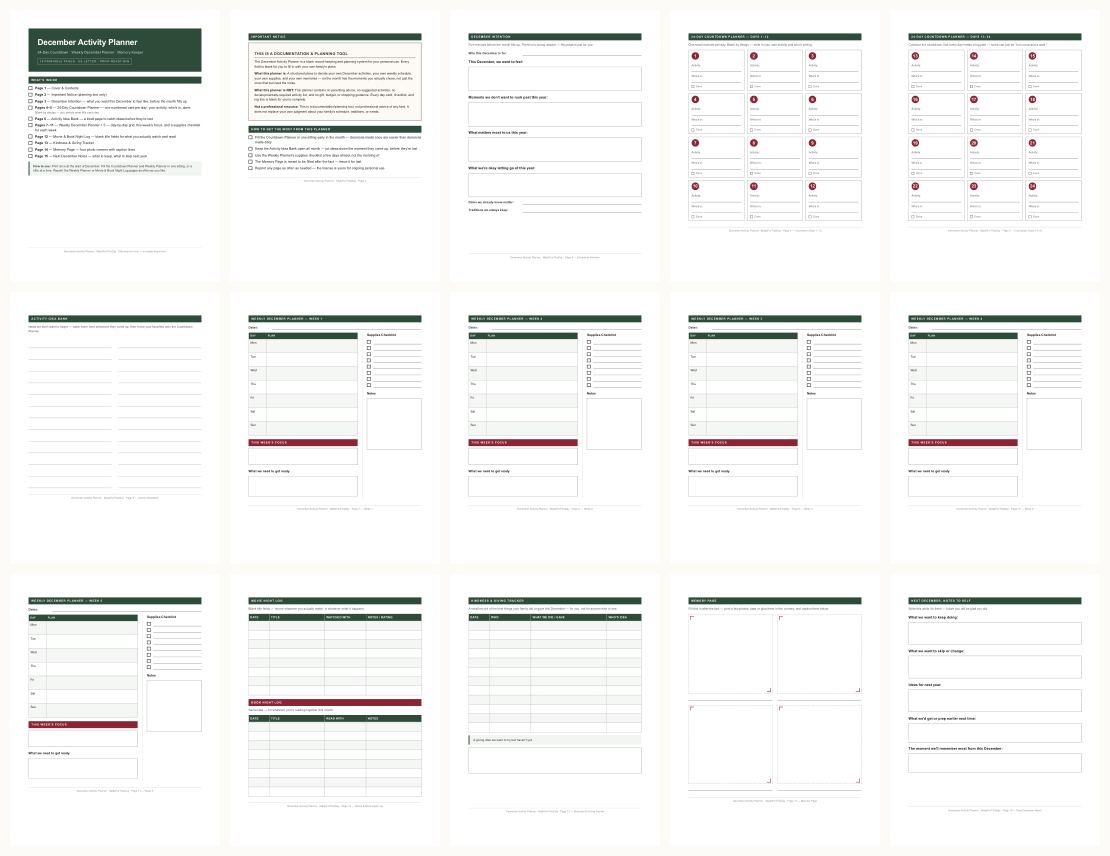 December Advent Planner + 24 Daily Kids Activity Pages — thumbnails of every page
