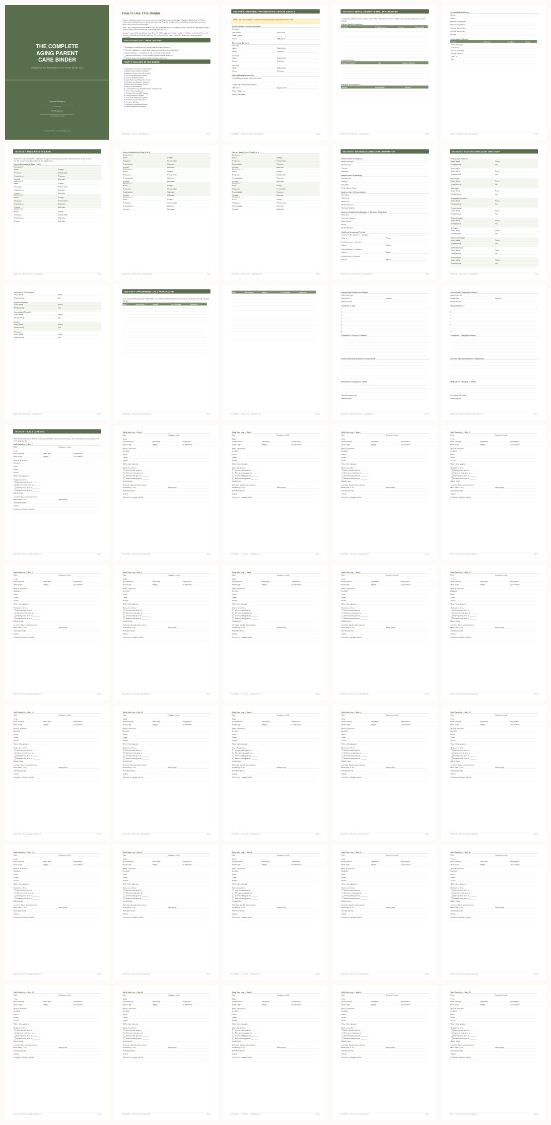 Aging Parent Care Binder &mdash; thumbnails of every page