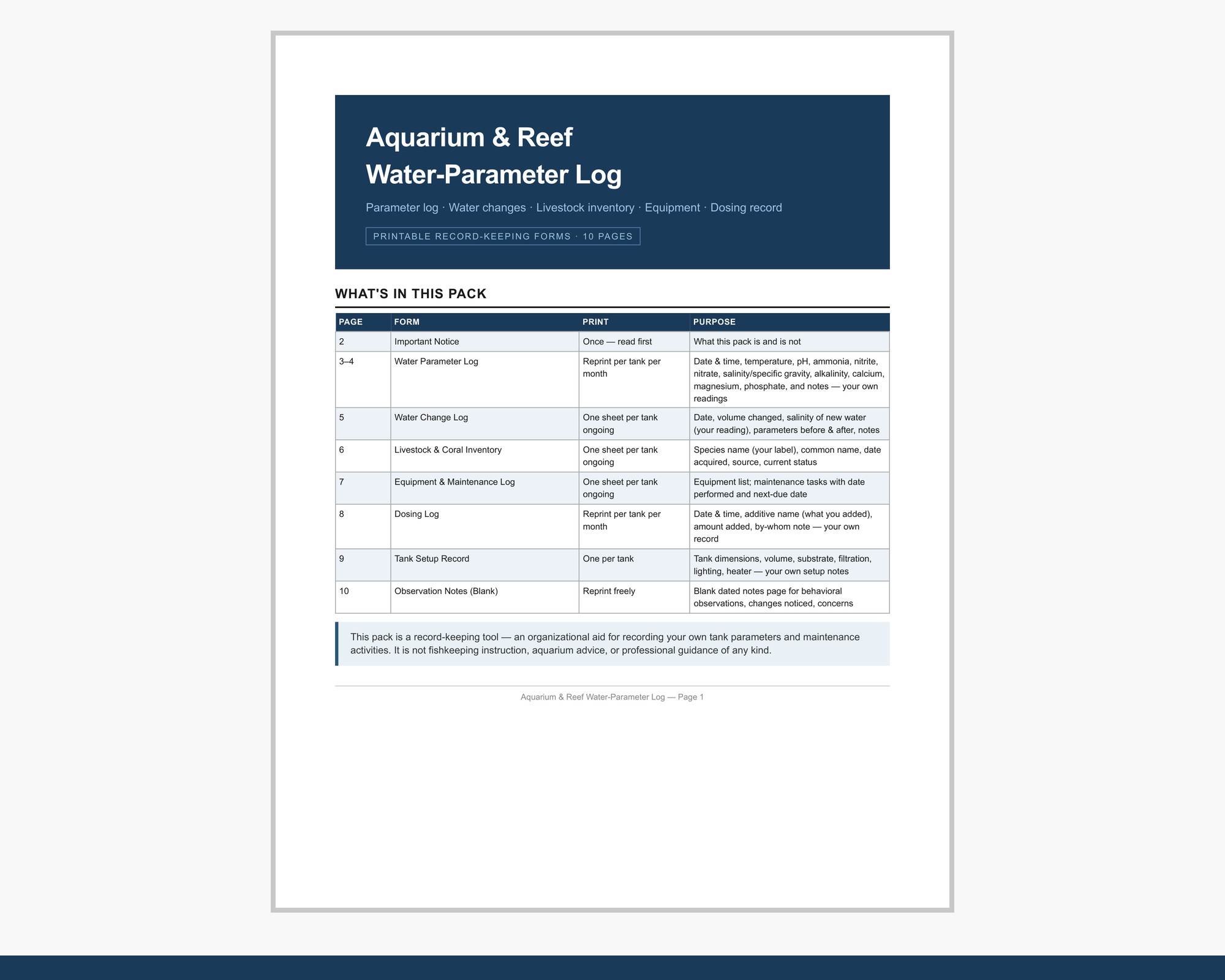 Aquarium & Reef Water-Parameter Log preview