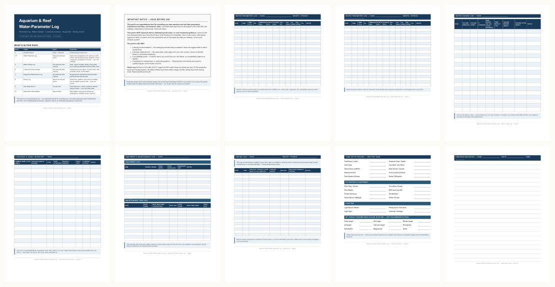 Aquarium & Reef Water-Parameter Log &mdash; thumbnails of every page
