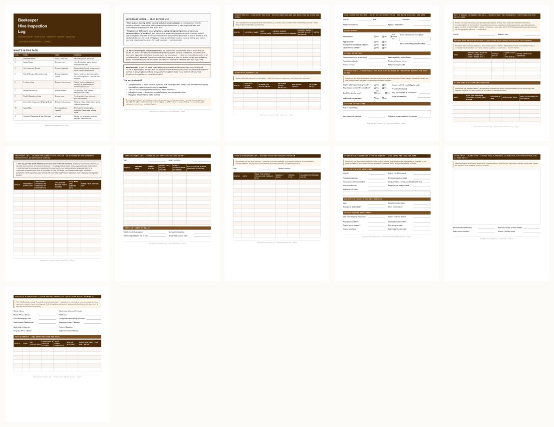 Beekeeper Hive Inspection Log — thumbnails of every page