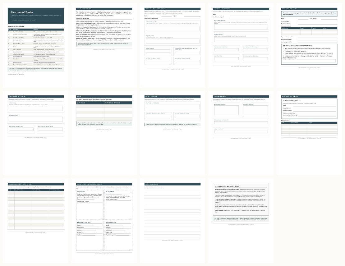 Autism Care Handoff Binder &mdash; thumbnails of every page