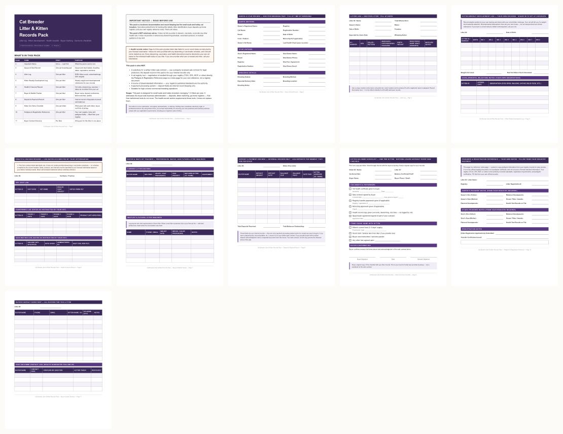 Cat Breeder Litter Records Pack &mdash; thumbnails of every page