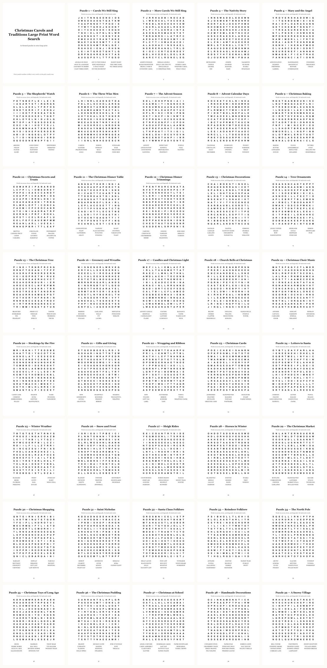 Christmas Carols & Traditions Word Search — thumbnails of every page
