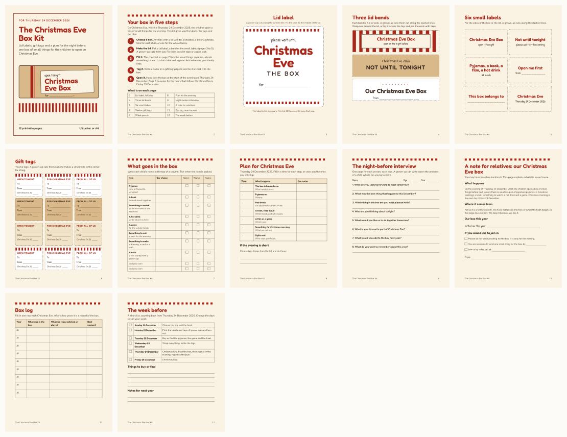 Christmas Eve Box Kit: Printable Lid Labels, Gift Tags and Evening Plan — thumbnails of every page