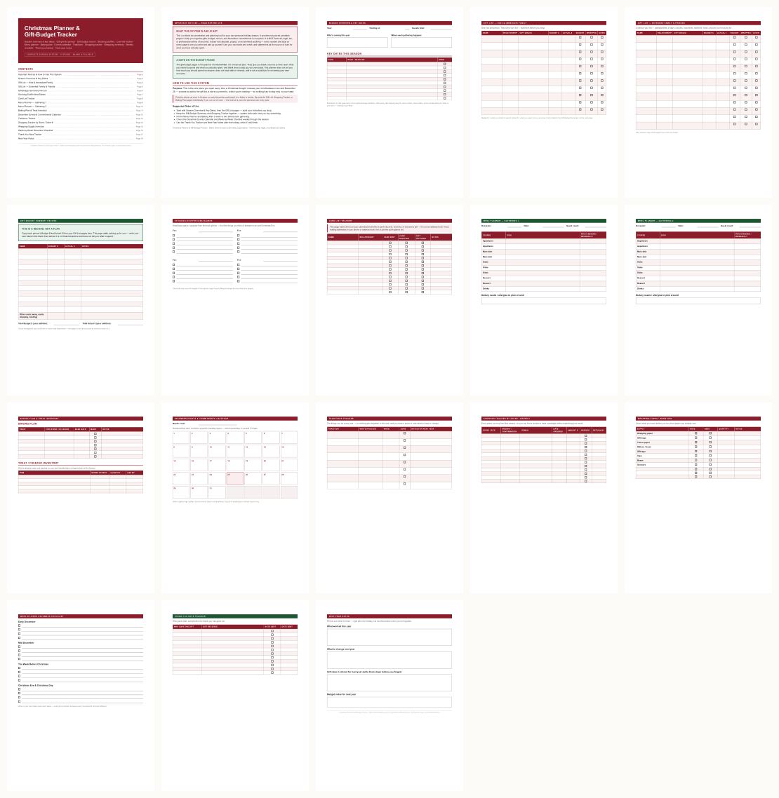 Christmas Planner & Gift Budget Tracker + Kids Activity Pack &mdash; thumbnails of every page