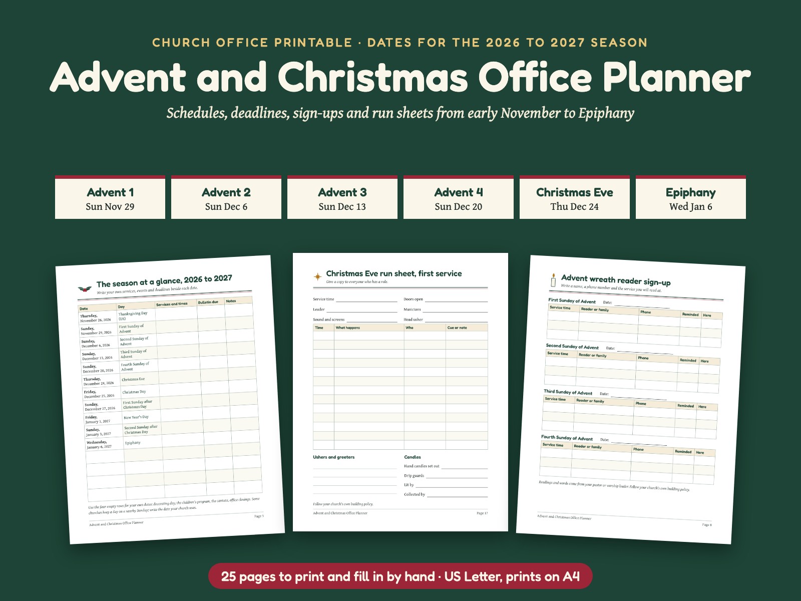 Advent and Christmas Church Office Planner: Schedules, Sign-Ups, Run Sheets, 25 Pages preview