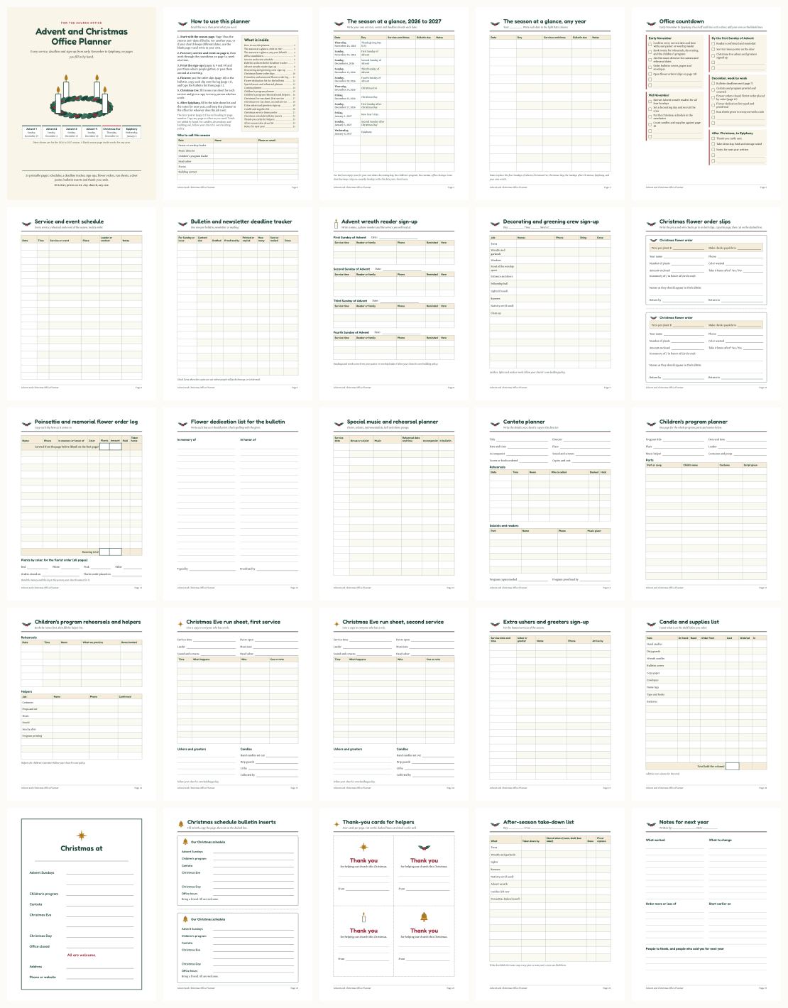Advent and Christmas Church Office Planner: Schedules, Sign-Ups, Run Sheets, 25 Pages &mdash; thumbnails of every page