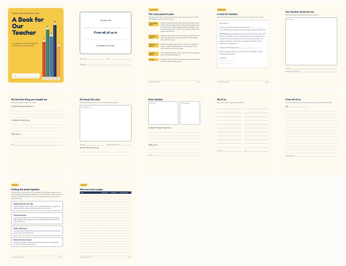 Class Gift Book for a Teacher: A Page From Every Student, Printable — thumbnails of every page
