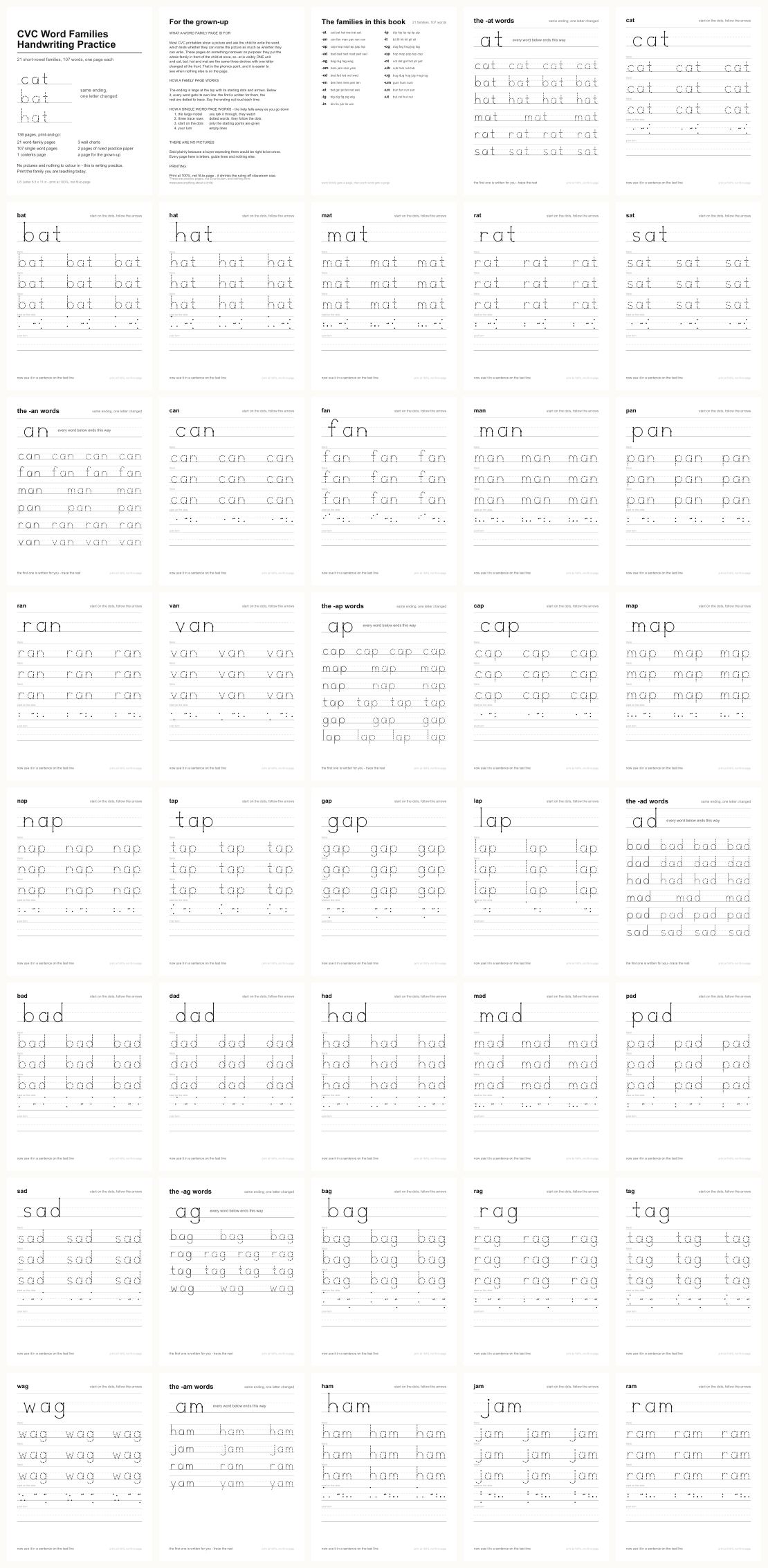 CVC Word Families Handwriting &mdash; thumbnails of every page