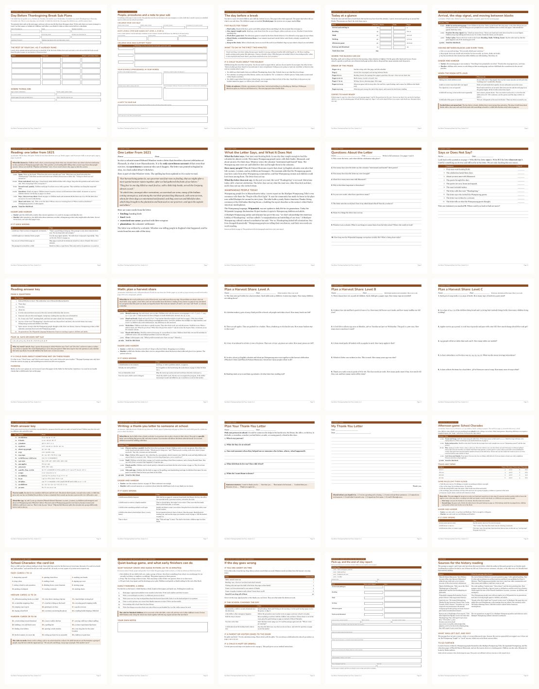 Day Before Thanksgiving Sub Plans Grades 3-5 &mdash; thumbnails of every page