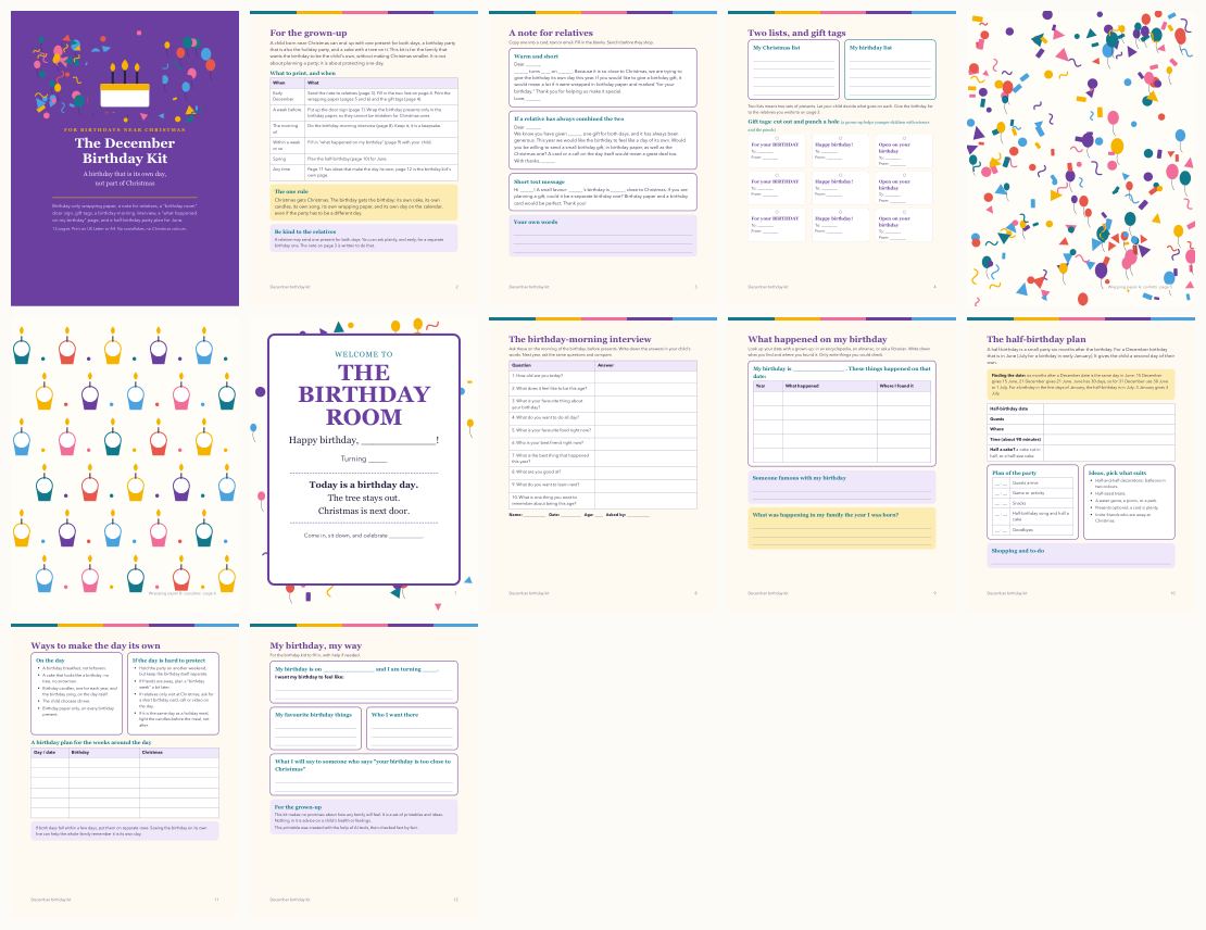 December Birthday Kit: Keep the Birthday Separate from Christmas, with Wrapping Paper — thumbnails of every page