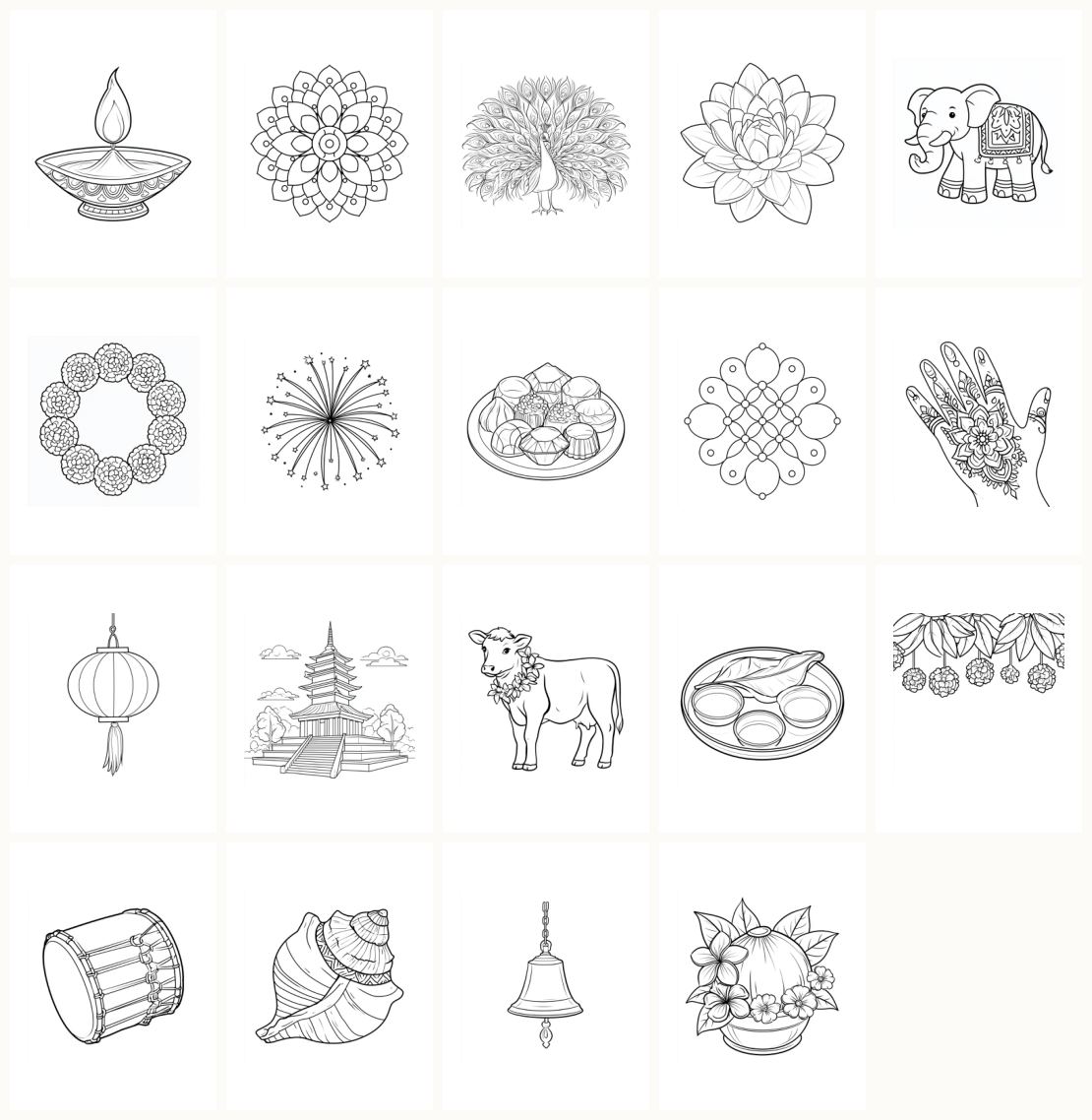 Diwali Coloring Book — thumbnails of every page