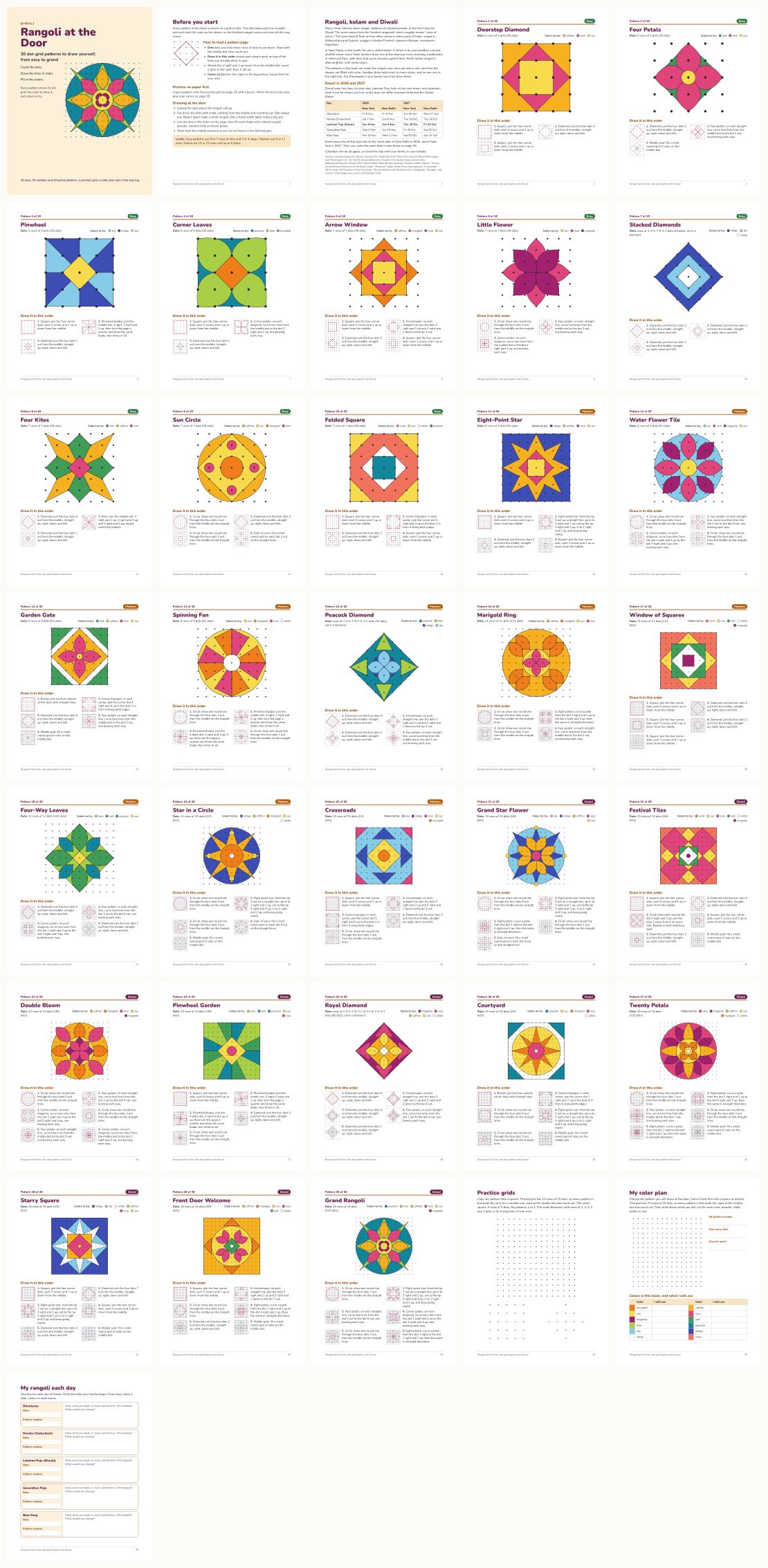 Rangoli Dot-Grid Pattern Book for Diwali &mdash; thumbnails of every page