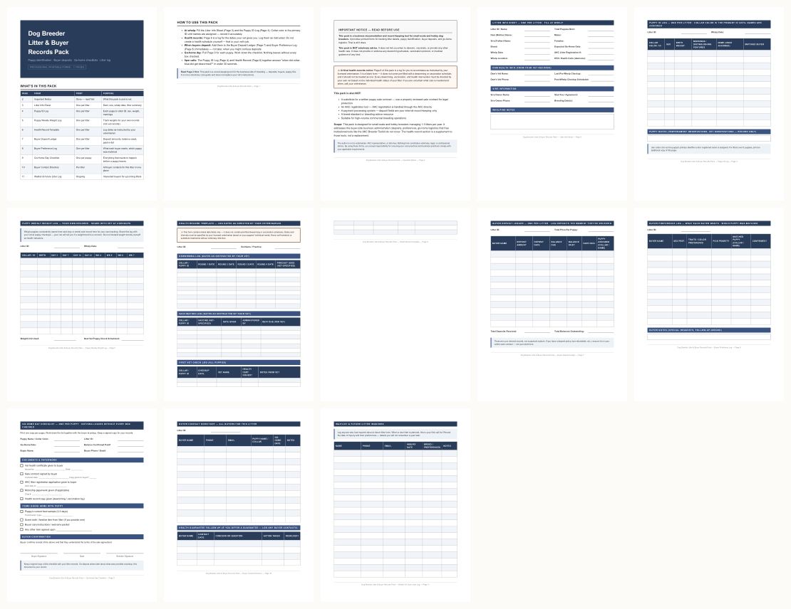 Dog Breeder Litter Records Pack — thumbnails of every page