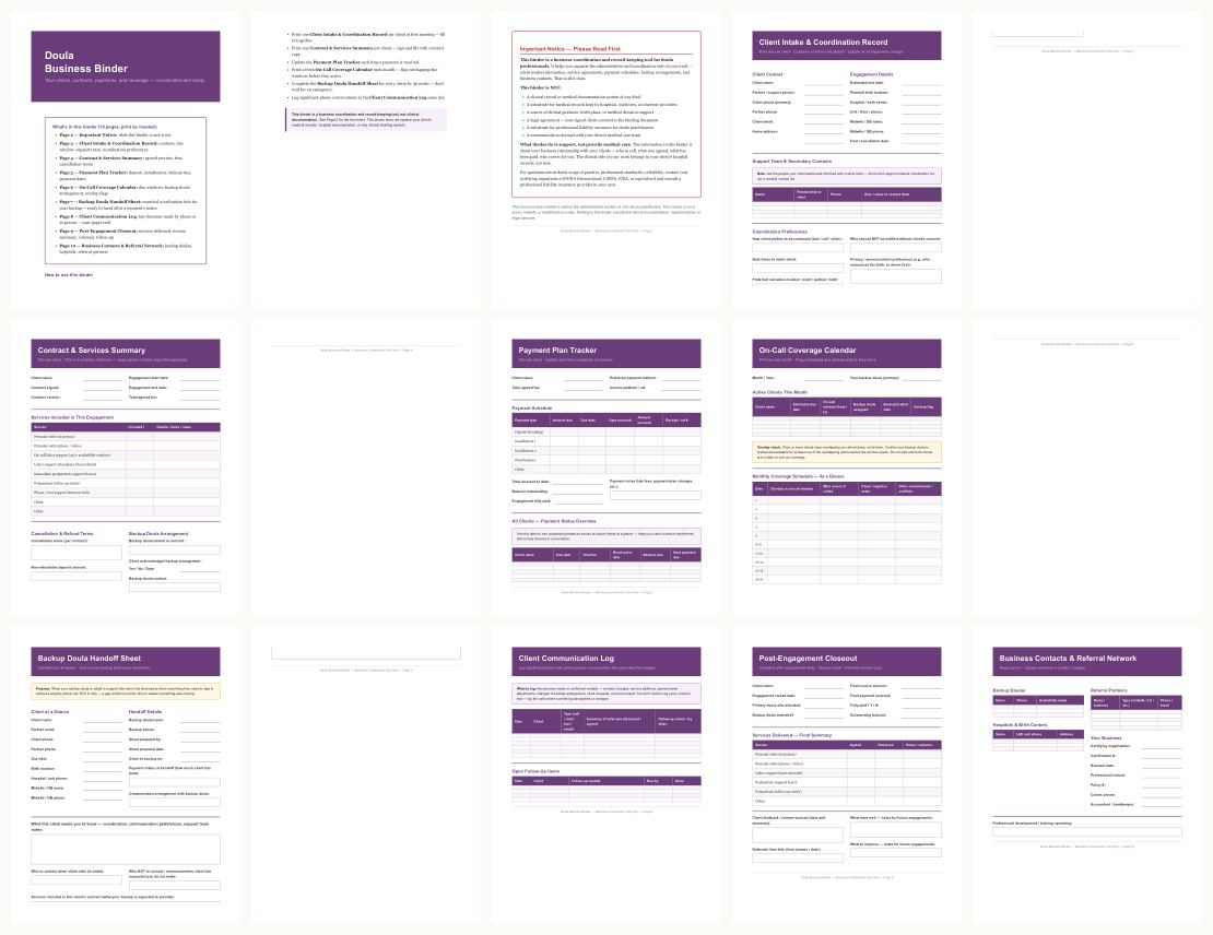 Birth Doula On-Call Schedule & Client Intake Forms &mdash; thumbnails of every page