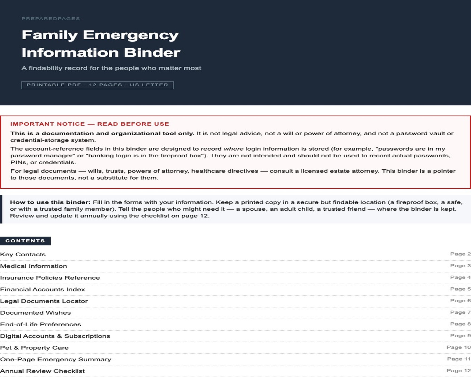 Family Emergency Binder preview