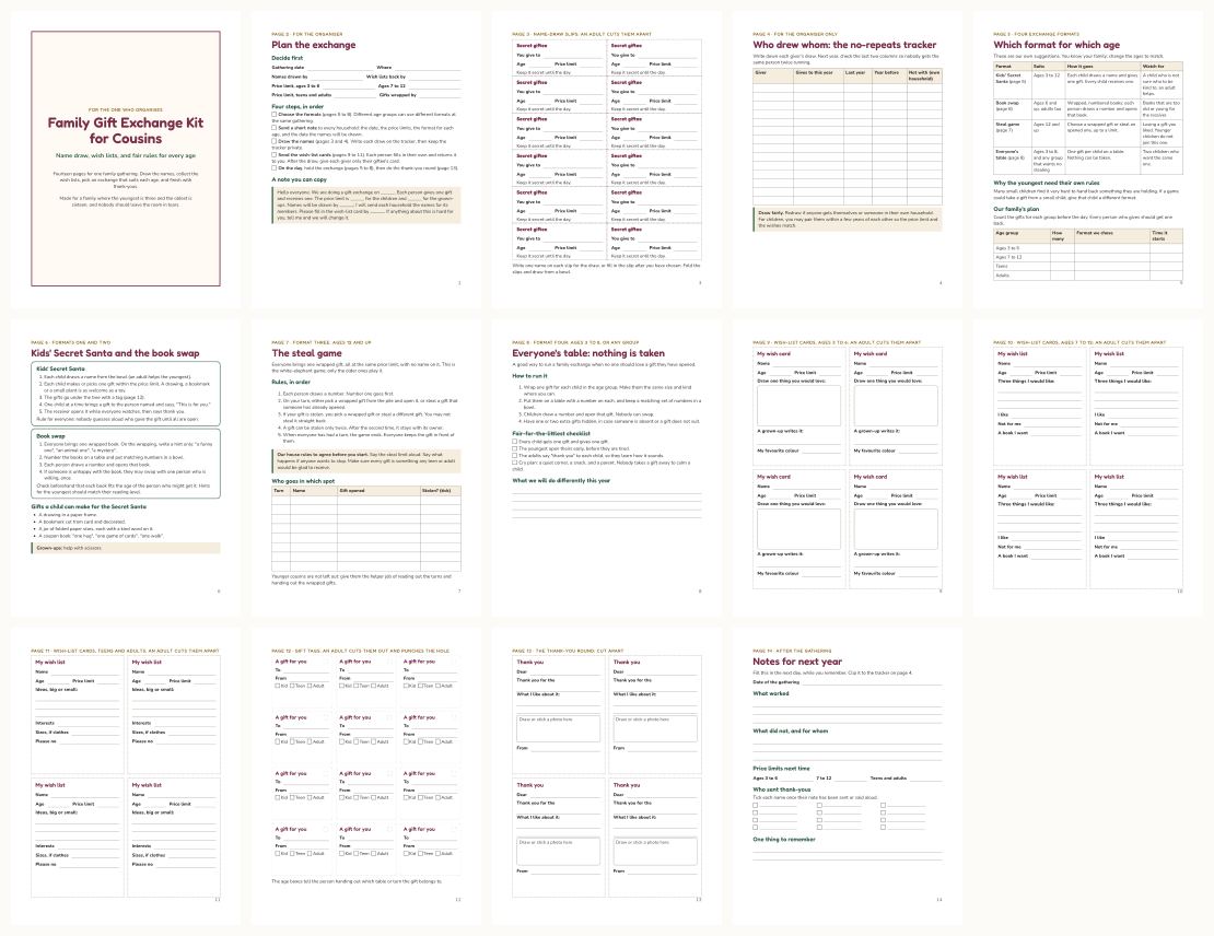 Family Gift Exchange Kit for Cousins: Name Draw, Wish Lists, and Fair Rules — thumbnails of every page