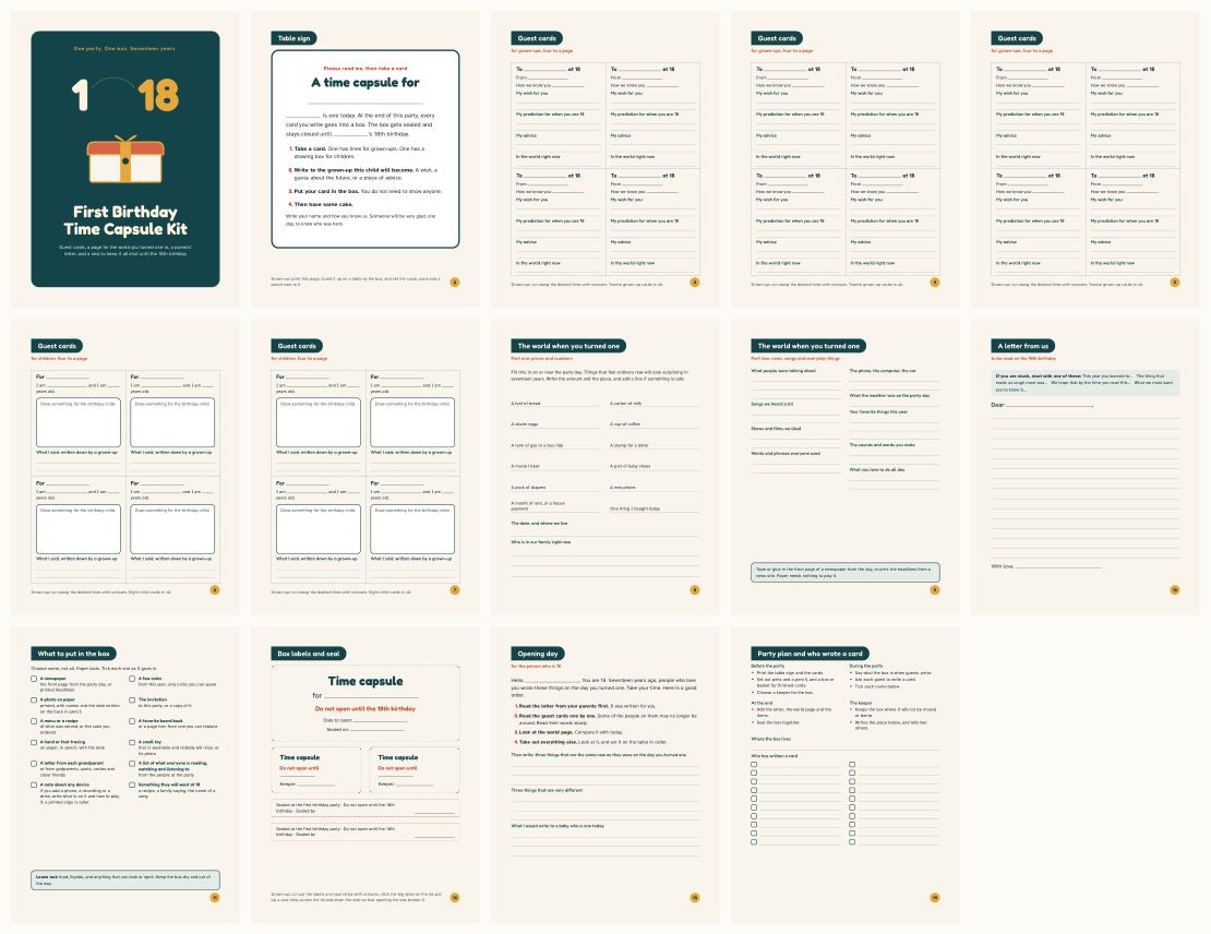 First Birthday Time Capsule Kit: Guest Cards, Letter Pages and Seal Until 18 — thumbnails of every page