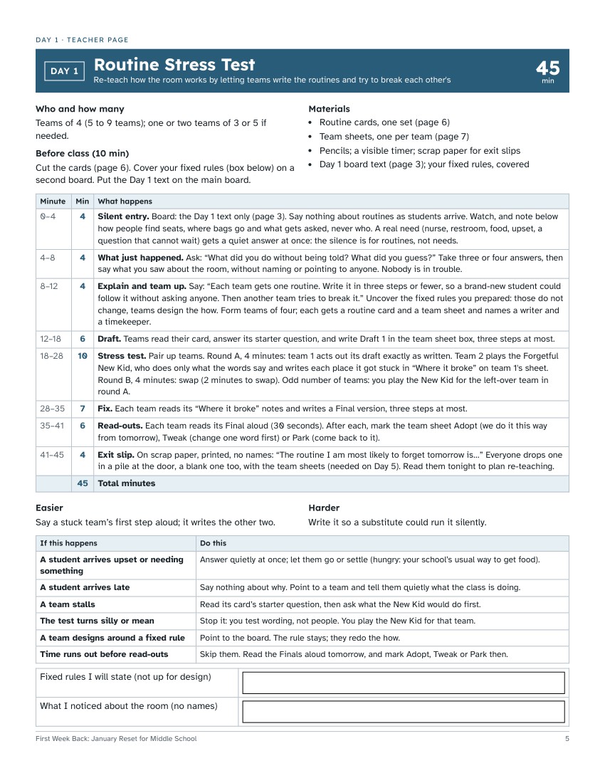 First Week Back January Reset for Middle School — page preview