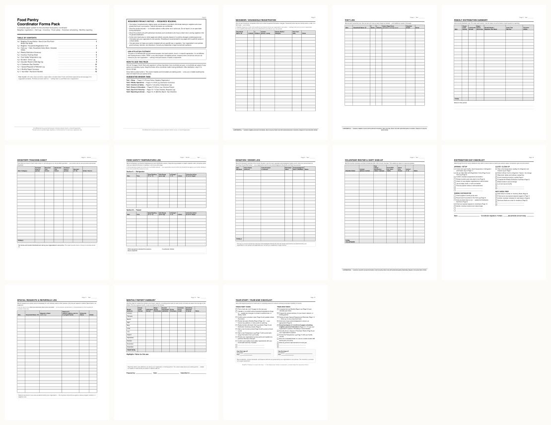 Food Pantry Coordinator Forms Pack &mdash; thumbnails of every page