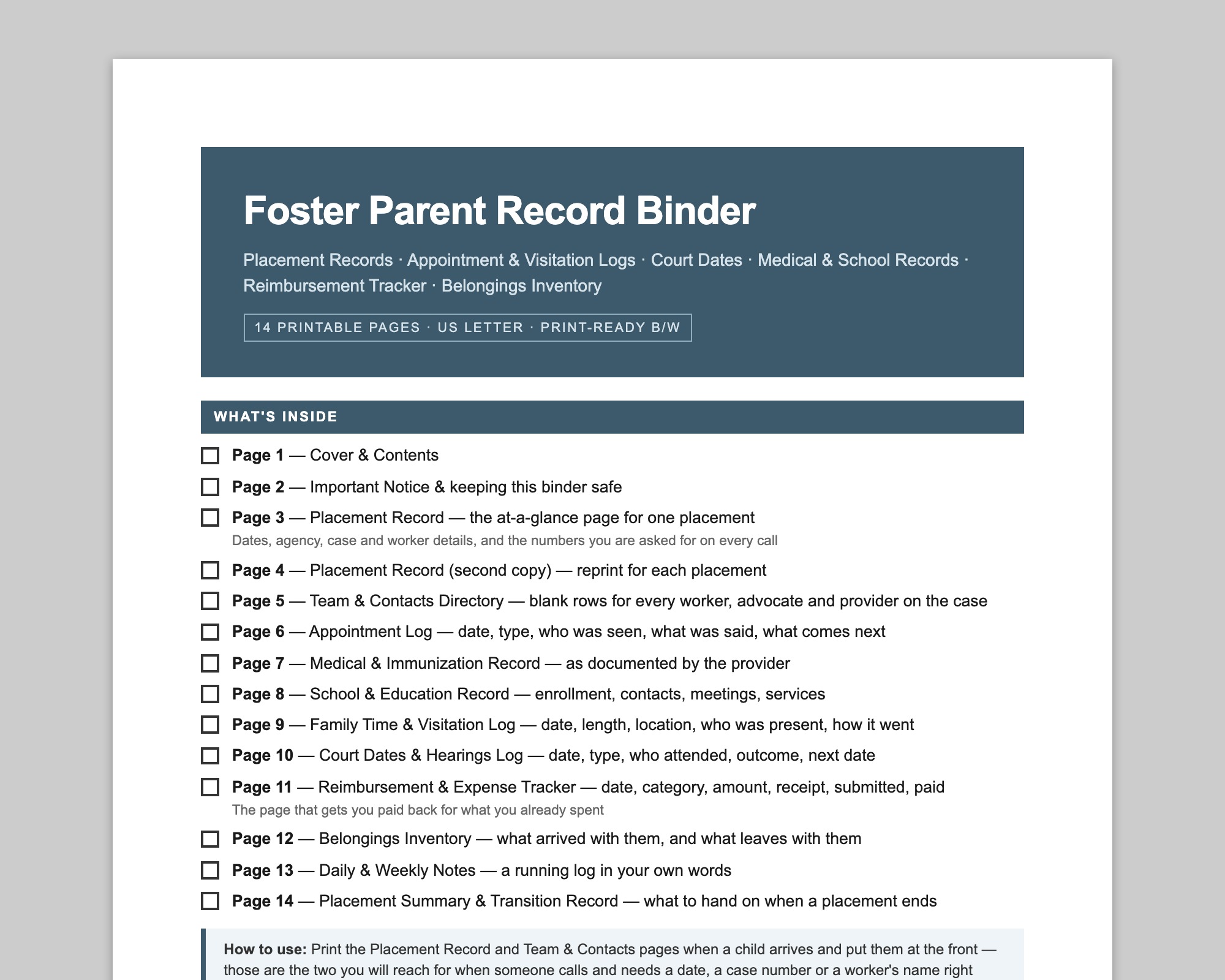 Foster Parent Record Binder preview