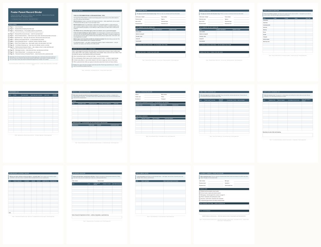 Foster Parent Record Binder &mdash; thumbnails of every page