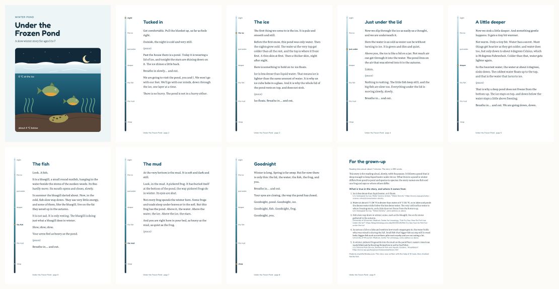 Frozen Pond Bedtime Story for Ages 5-7: A Slow Winter Science Story &mdash; thumbnails of every page