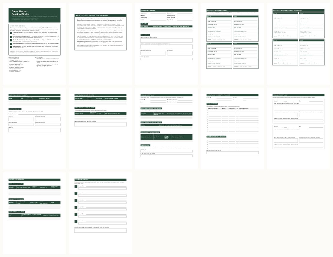 Game Master Session Binder &mdash; thumbnails of every page