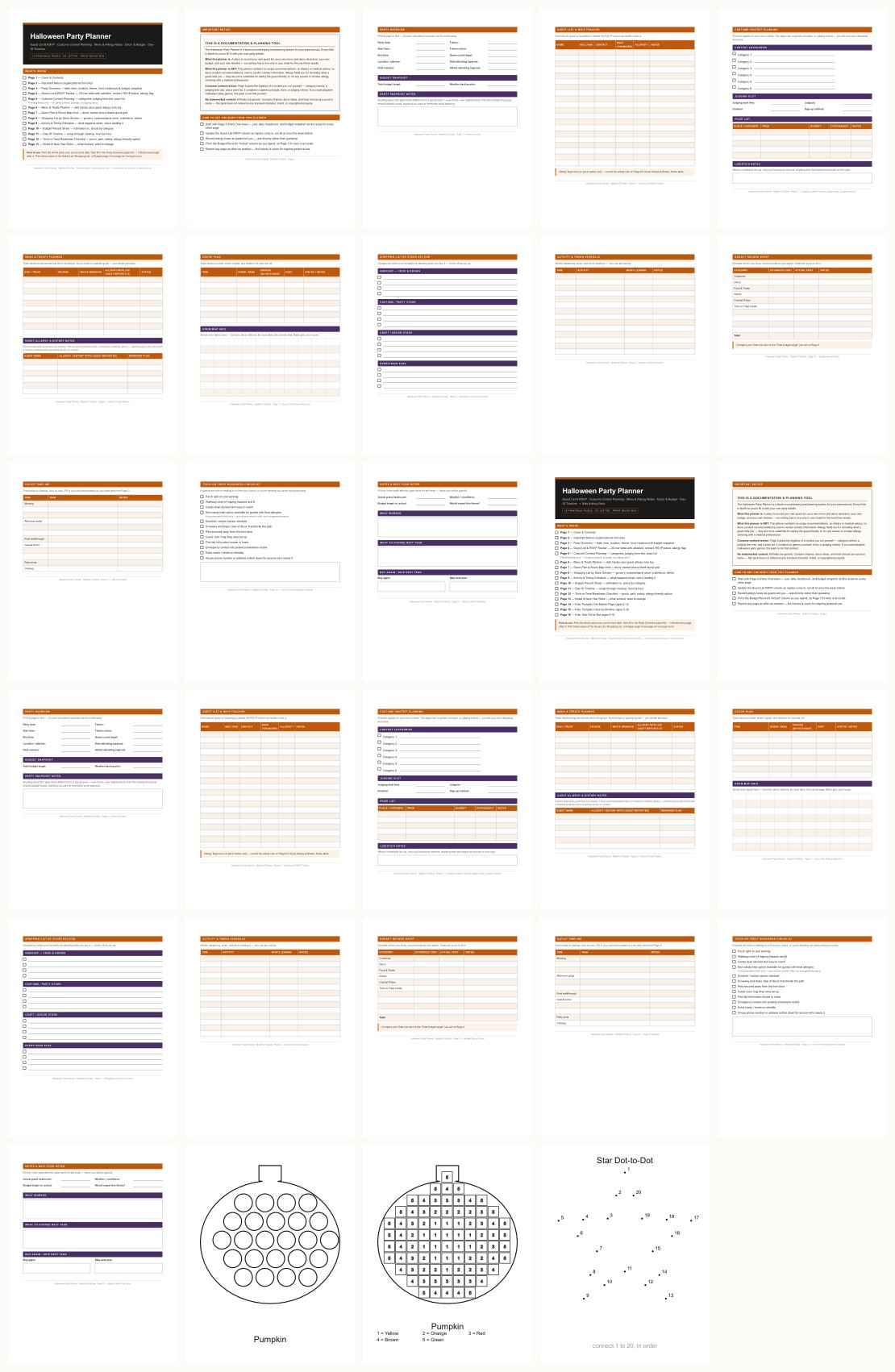 Halloween Party Planner + Kids Activity Pack &mdash; thumbnails of every page