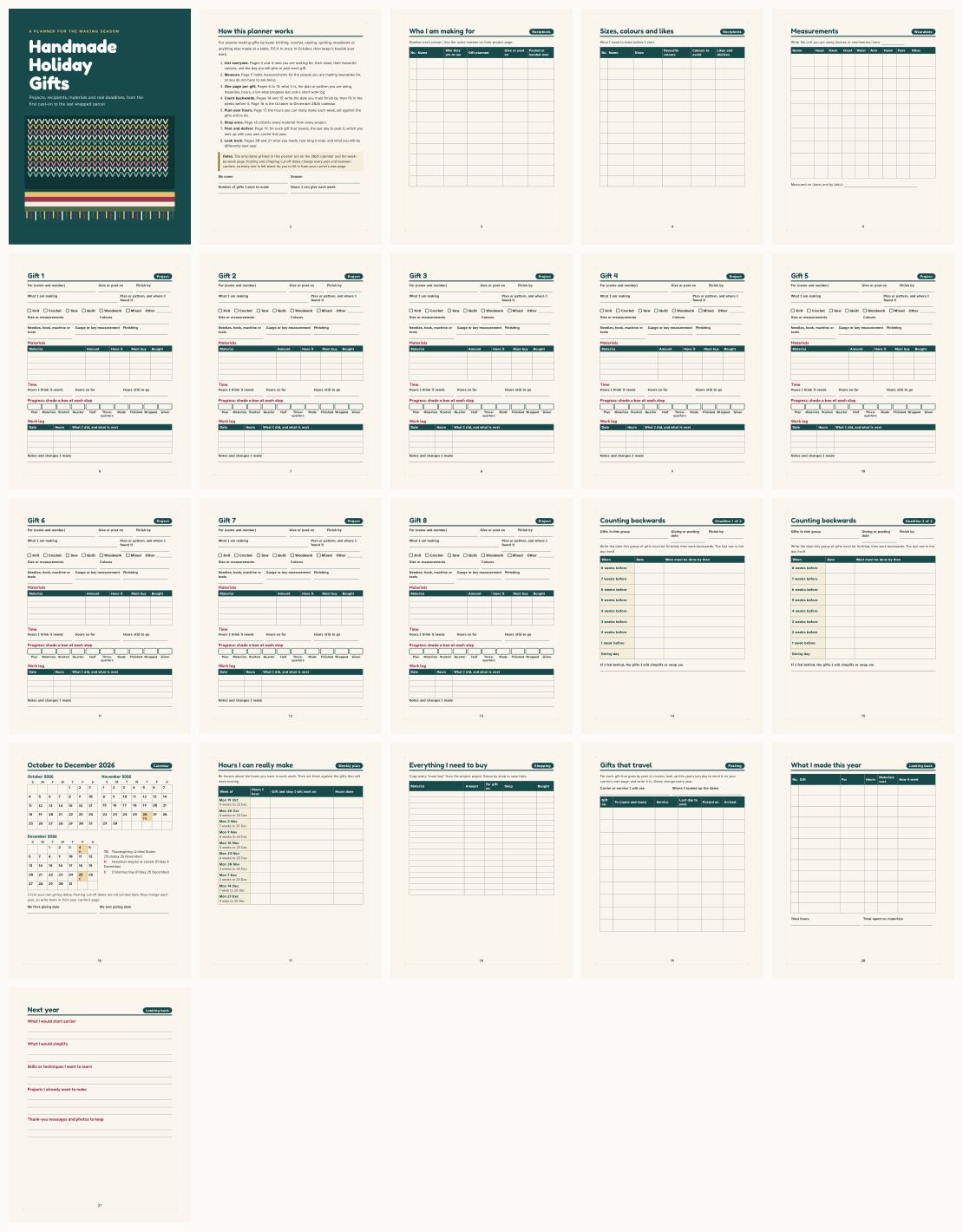 Handmade Holiday Gifts Planner: Projects, Recipients and Deadlines &mdash; thumbnails of every page