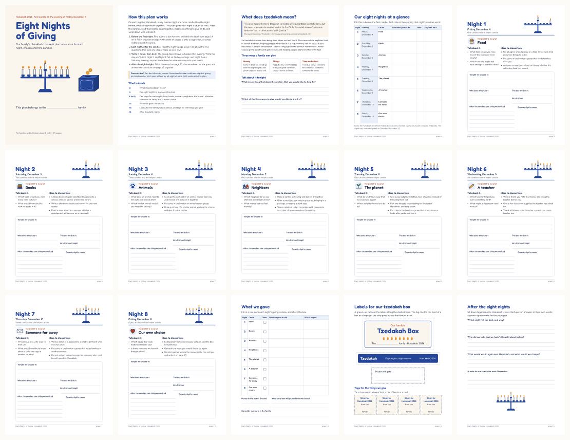 Hanukkah Eight Nights of Giving Family Plan — thumbnails of every page