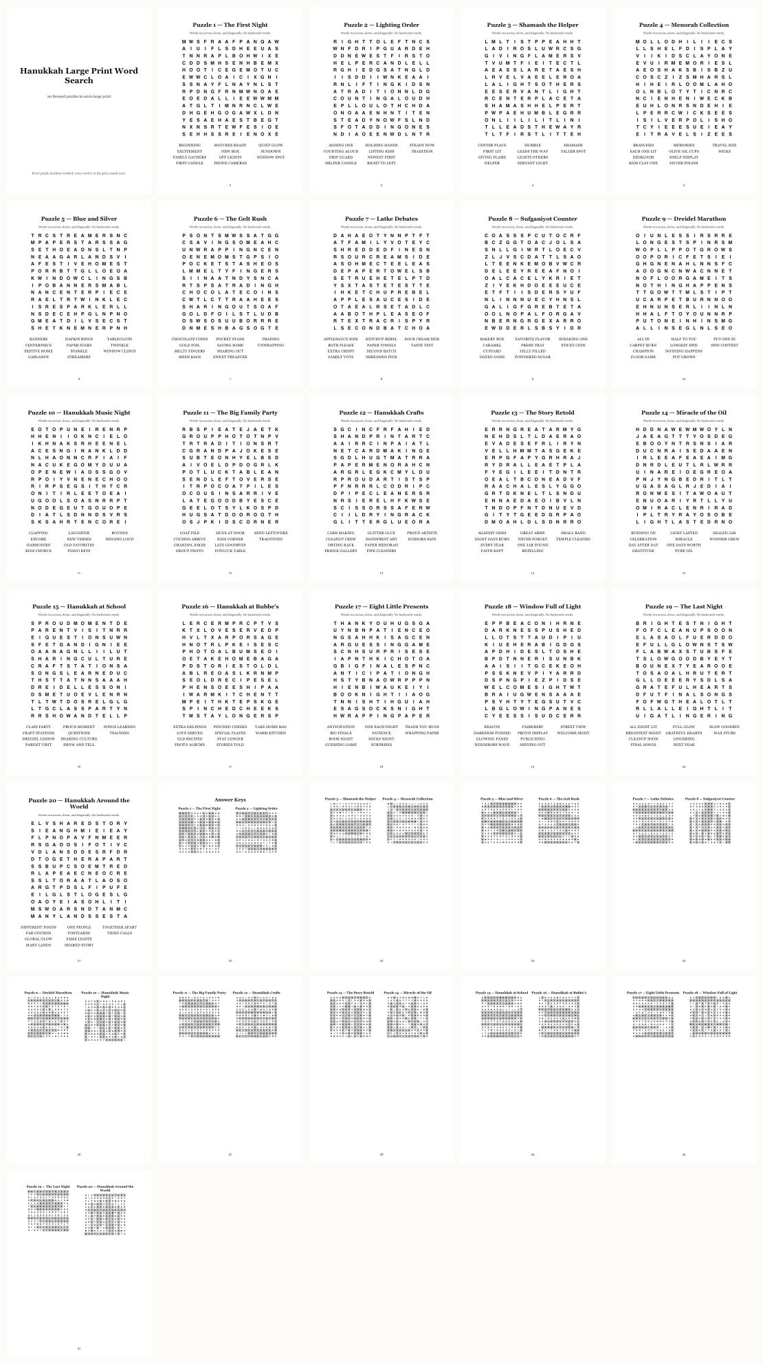 Hanukkah Word Search — Large Print — thumbnails of every page