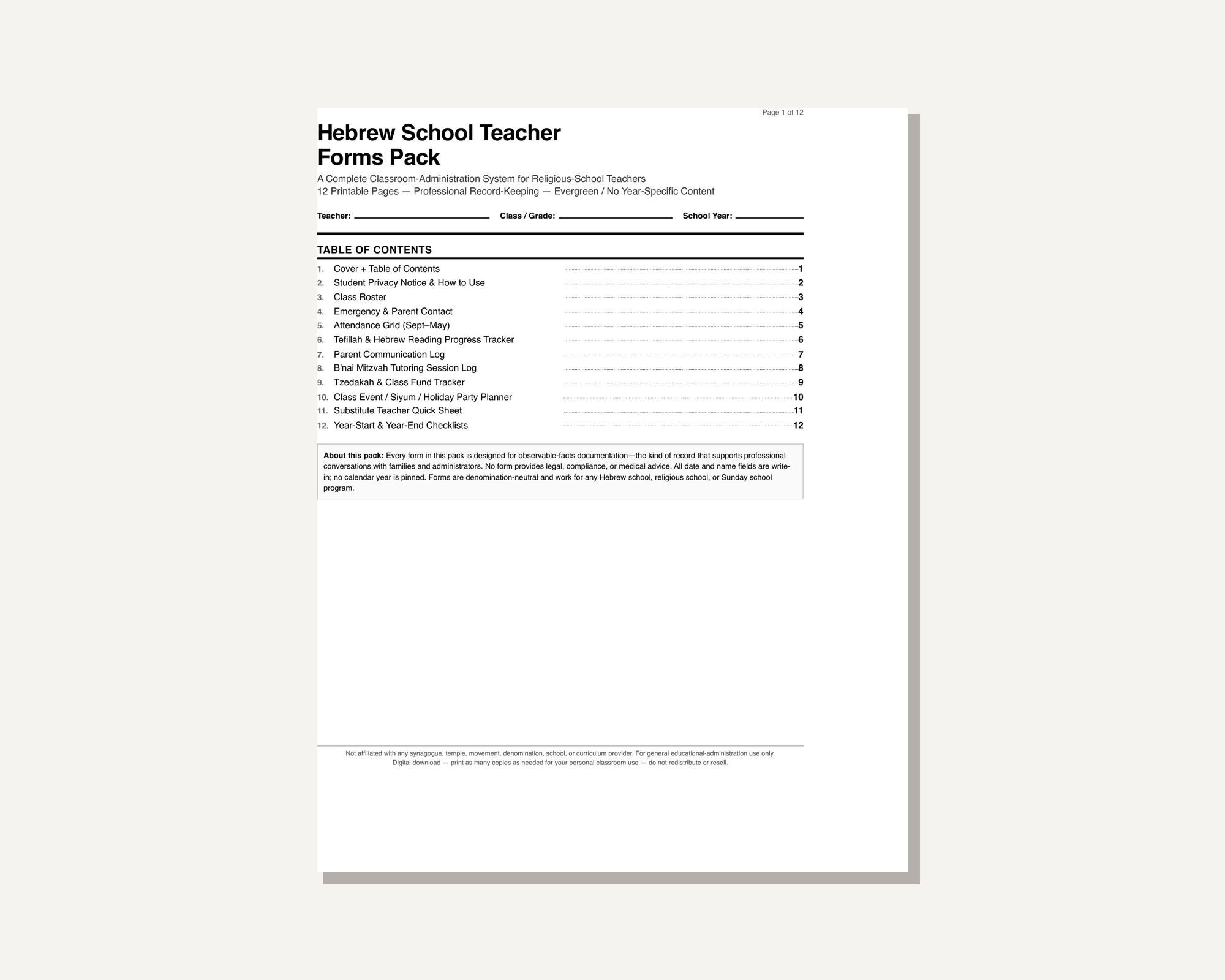Hebrew School Teacher Forms Pack preview