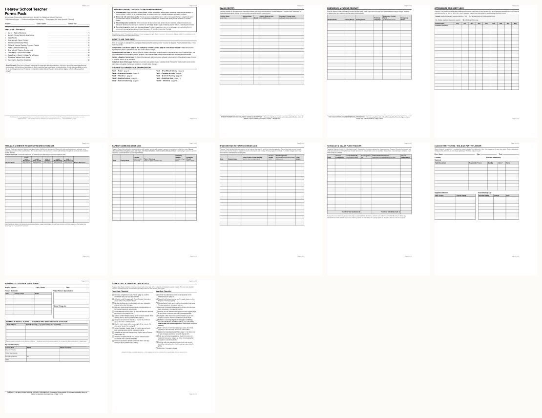 Hebrew School Teacher Forms Pack &mdash; thumbnails of every page