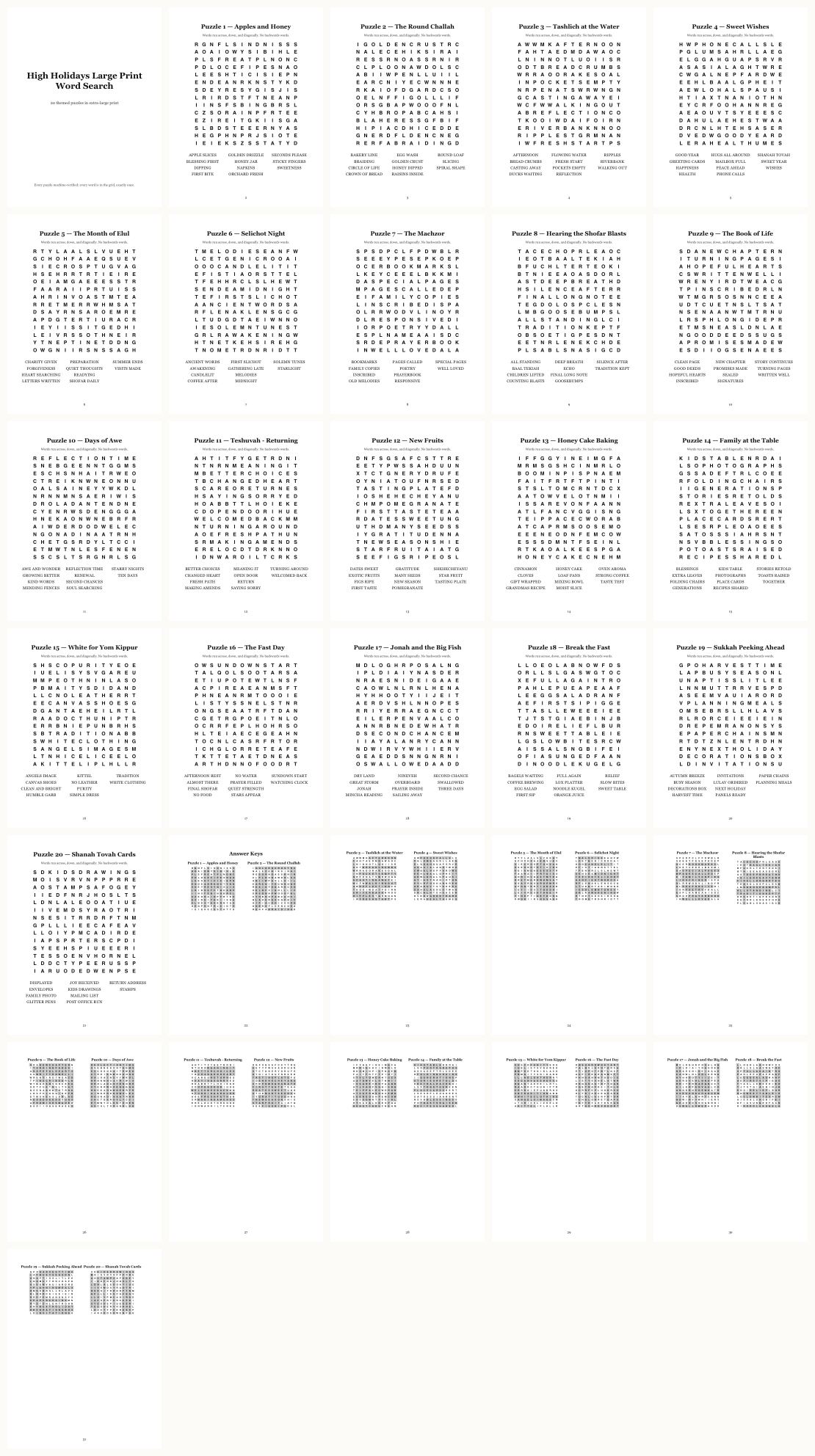 High Holidays Word Search — Large Print — thumbnails of every page