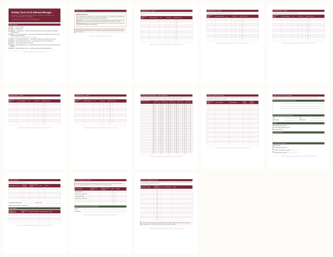 Holiday Card List & Address Manager + Kids Card-Making Pack — thumbnails of every page