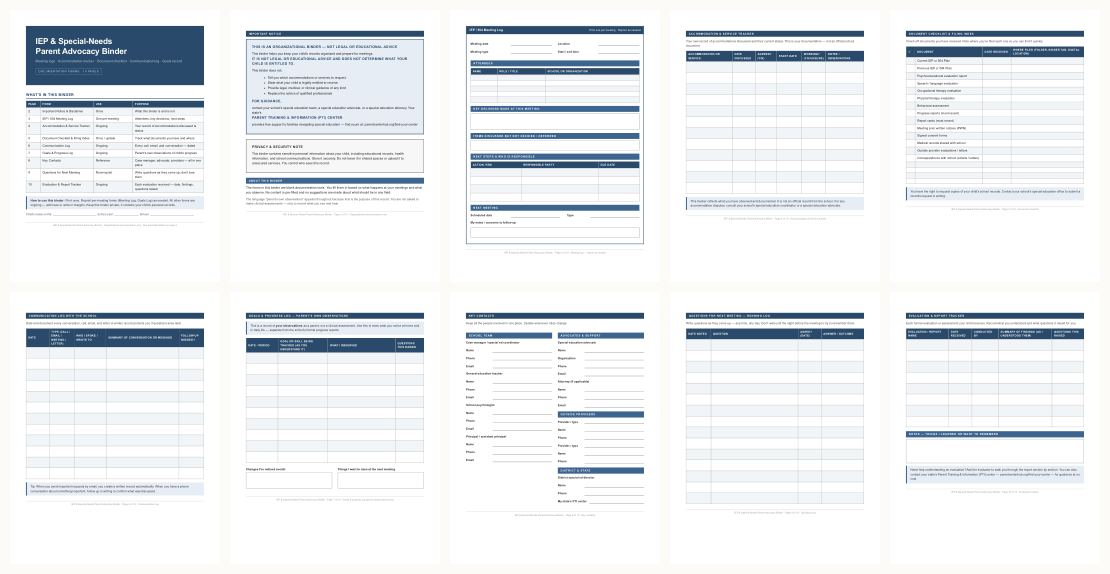 IEP Parent Advocacy Binder &mdash; thumbnails of every page