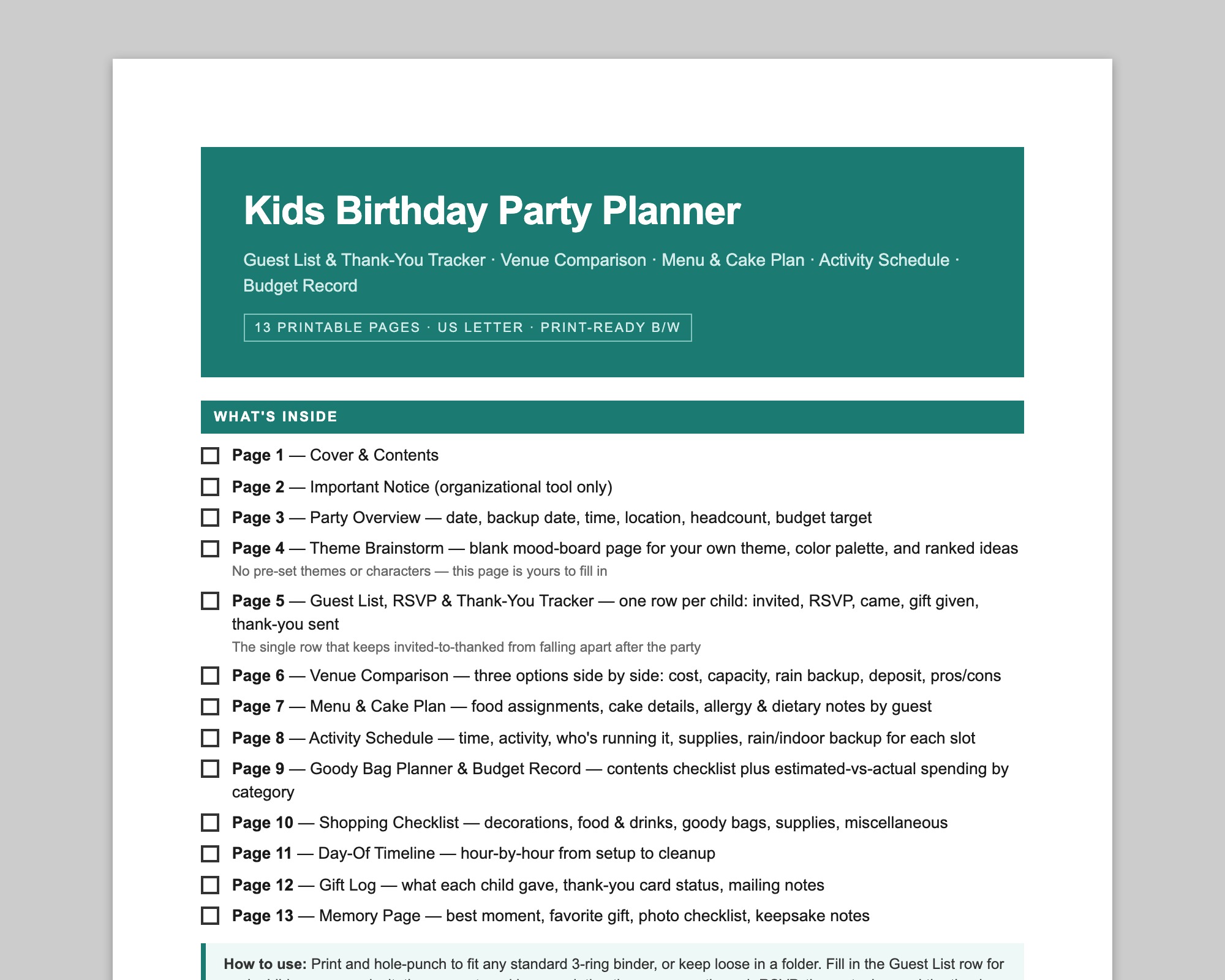 Kids Birthday Party Planner + Activity Pack preview
