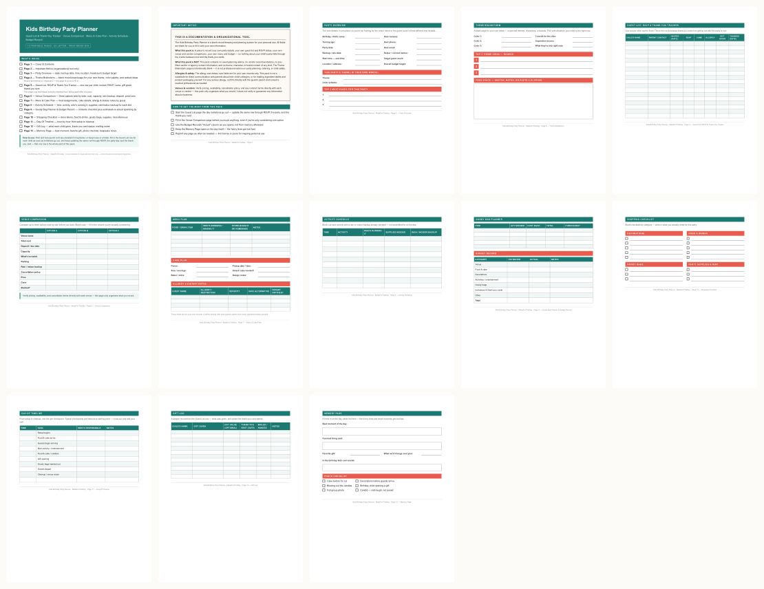 Kids Birthday Party Planner + Activity Pack &mdash; thumbnails of every page