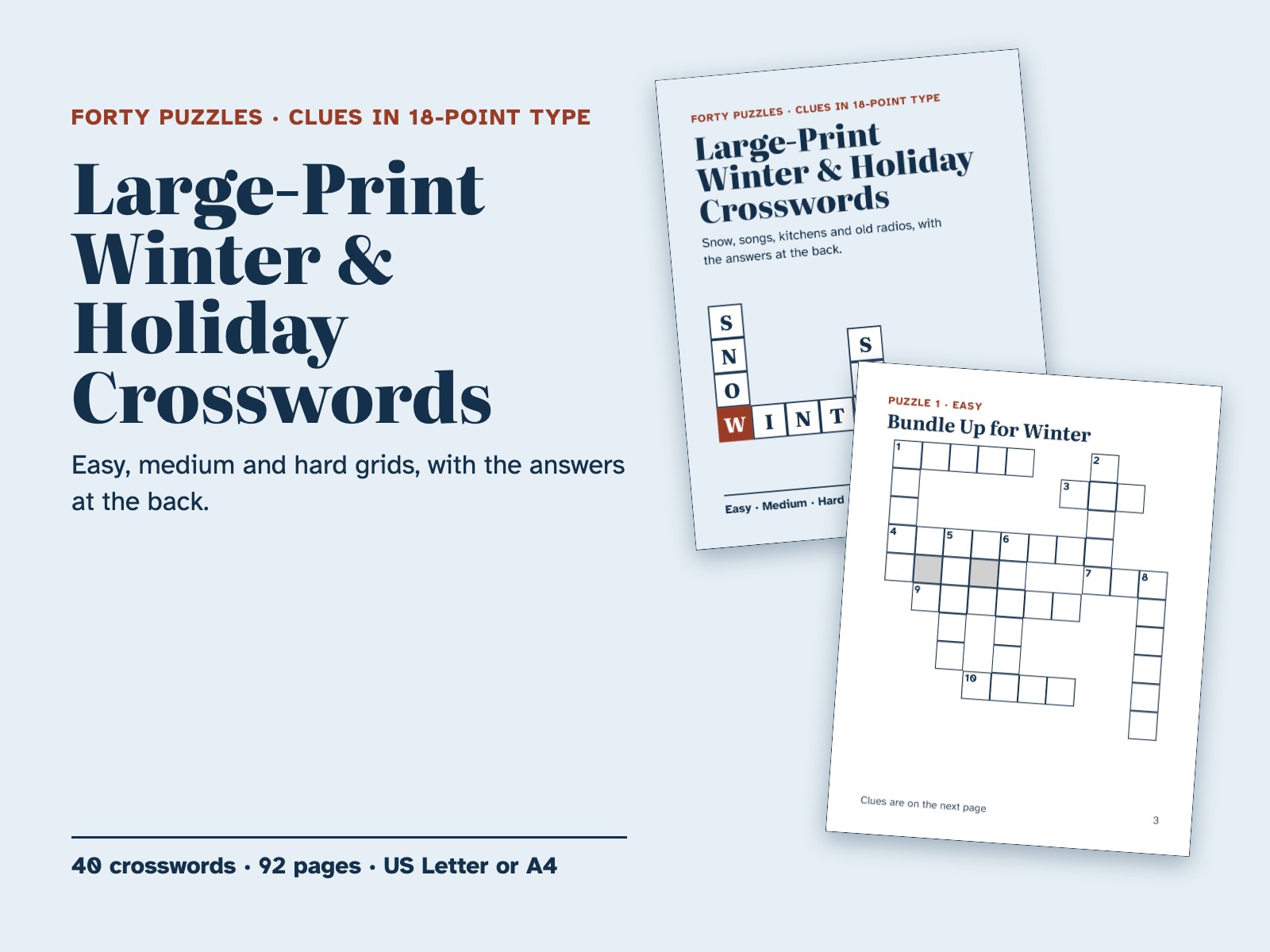 Large-Print Winter and Holiday Crosswords: 40 Puzzles with Answer Keys — page preview