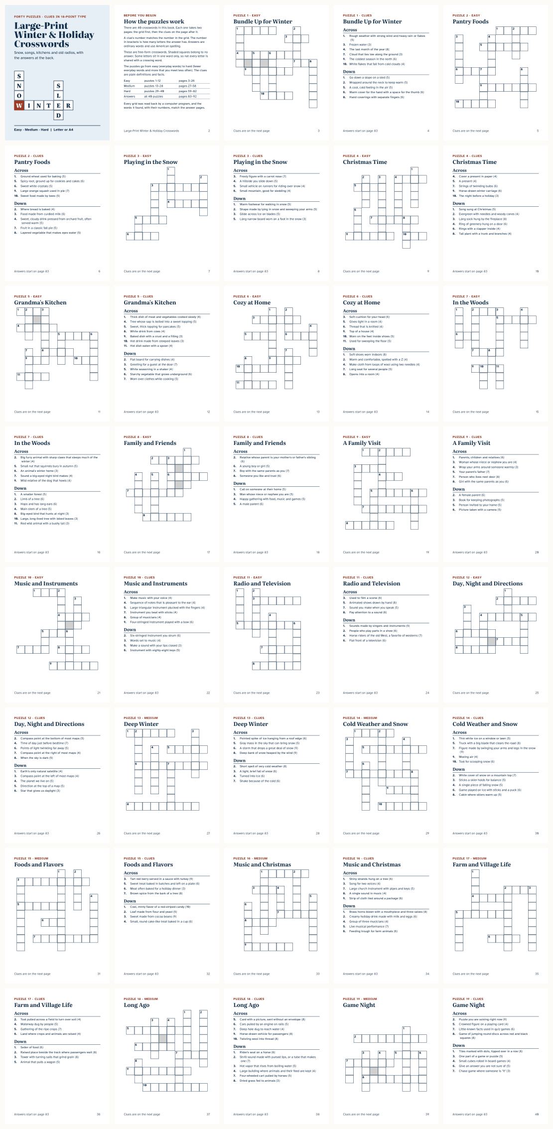 Large-Print Winter and Holiday Crosswords: 40 Puzzles with Answer Keys — thumbnails of every page