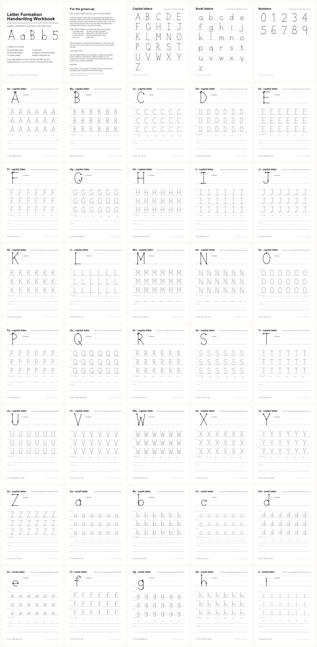 Handwriting Practice Workbook — thumbnails of every page