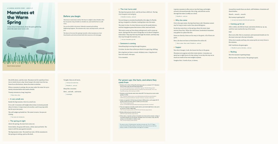 Manatee Bedtime Story for Ages 5-7: A Slow Florida Winter Story — thumbnails of every page