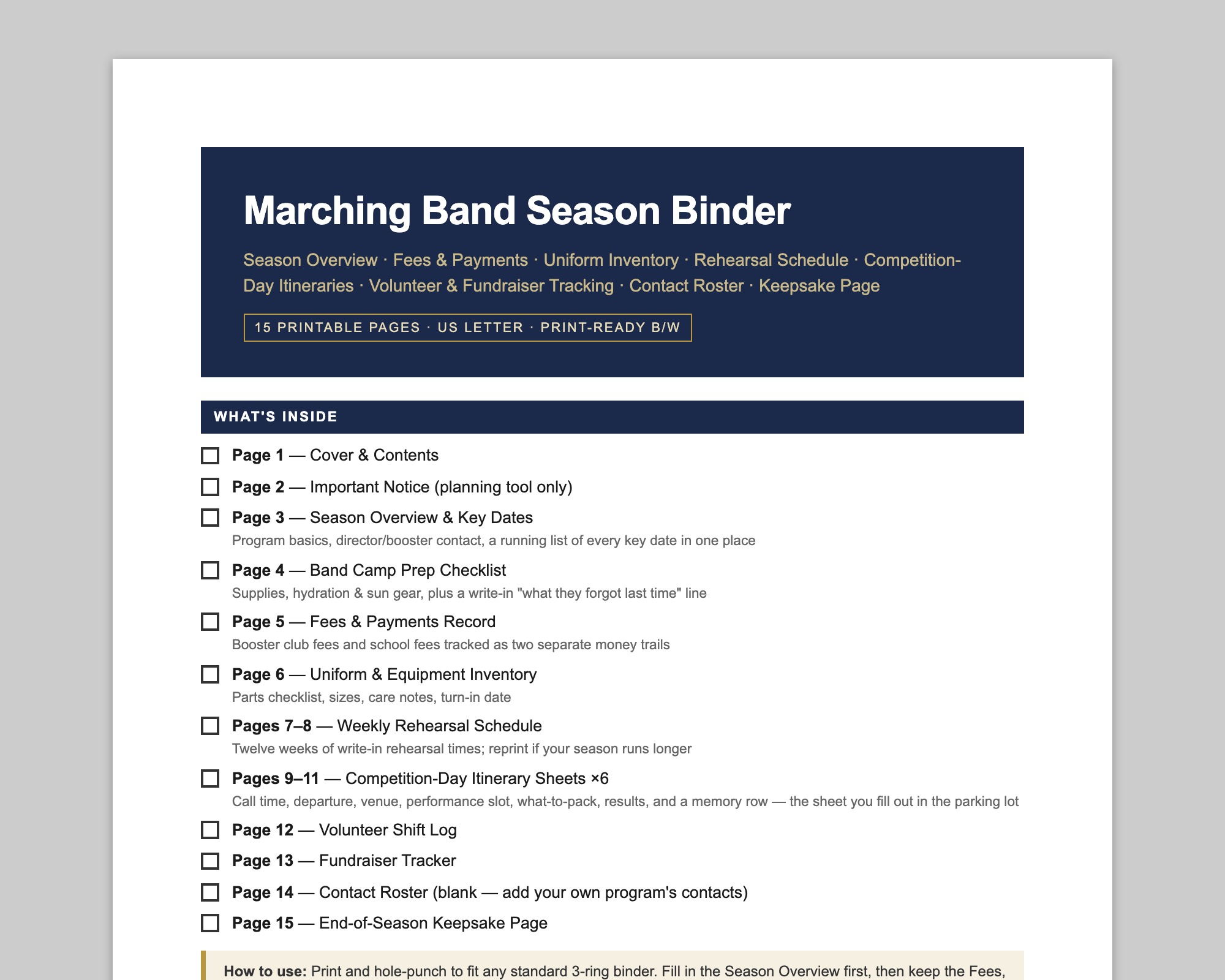 Marching Band Season Binder preview