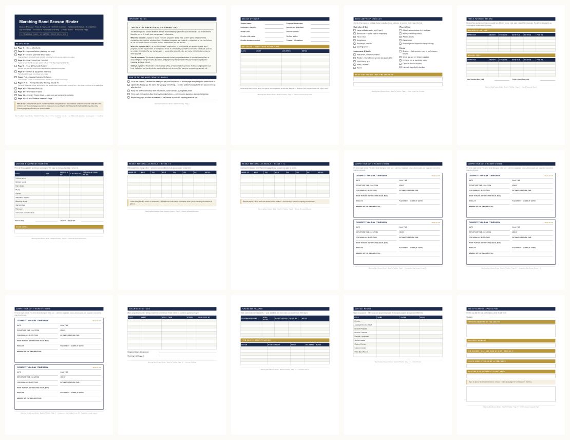 Marching Band Season Binder &mdash; thumbnails of every page